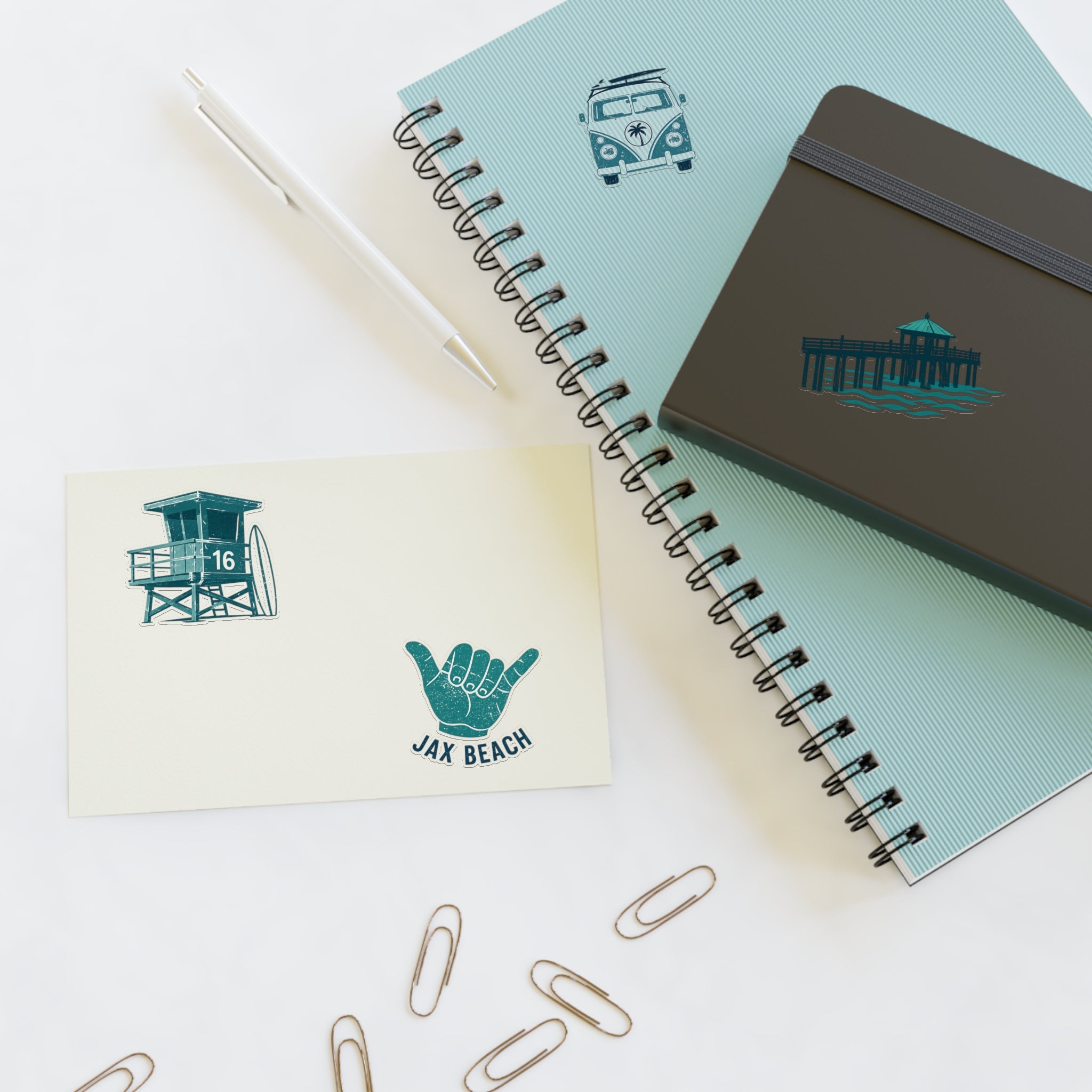Jax Beach Surf Sticker Sheet — Retro Lifeguard Tower, Pier & VW Van Decals