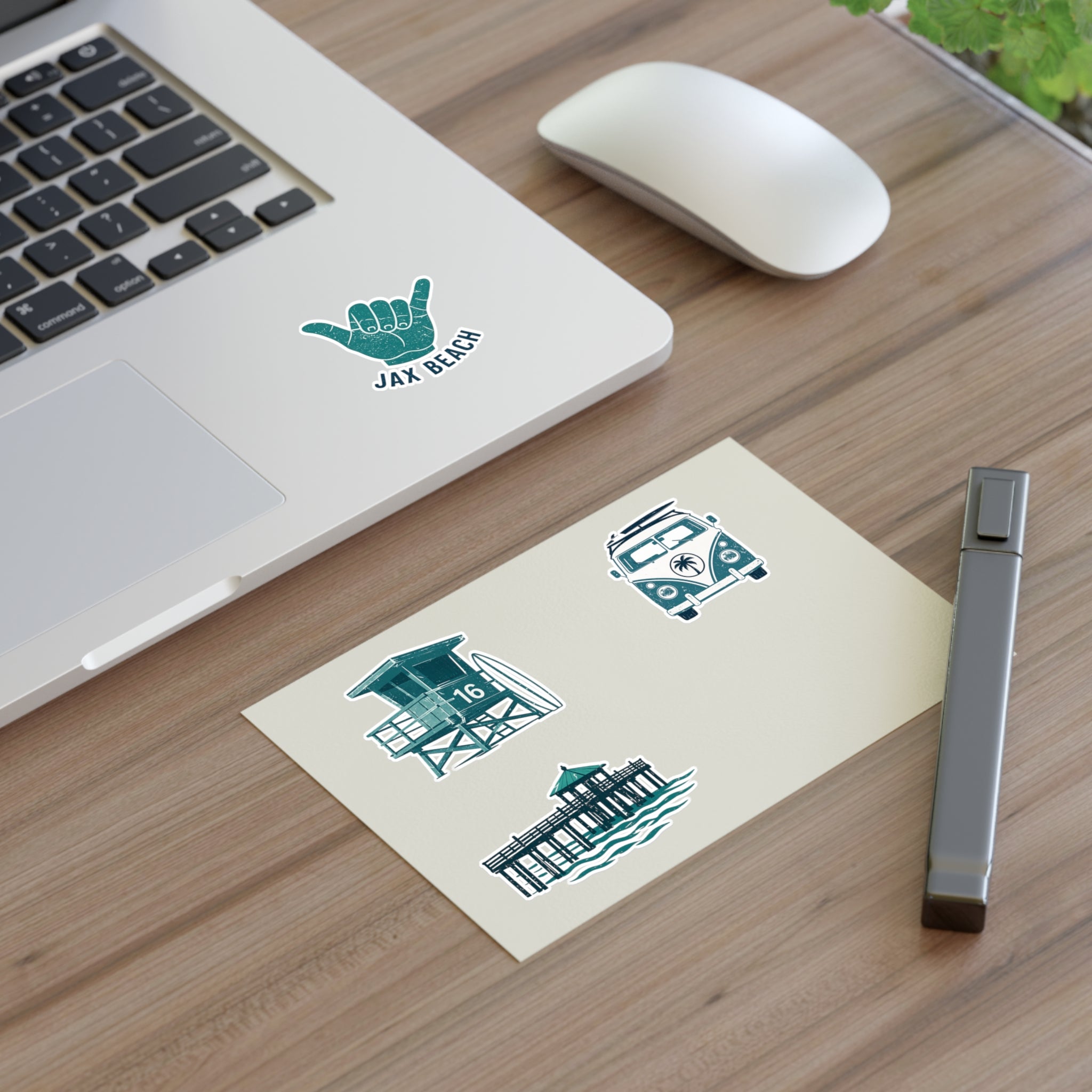 Jax Beach Surf Sticker Sheet — Retro Lifeguard Tower, Pier & VW Van Decals