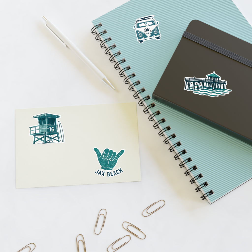 Jax Beach Surf Sticker Sheet — Retro Lifeguard Tower, Pier & VW Van Decals