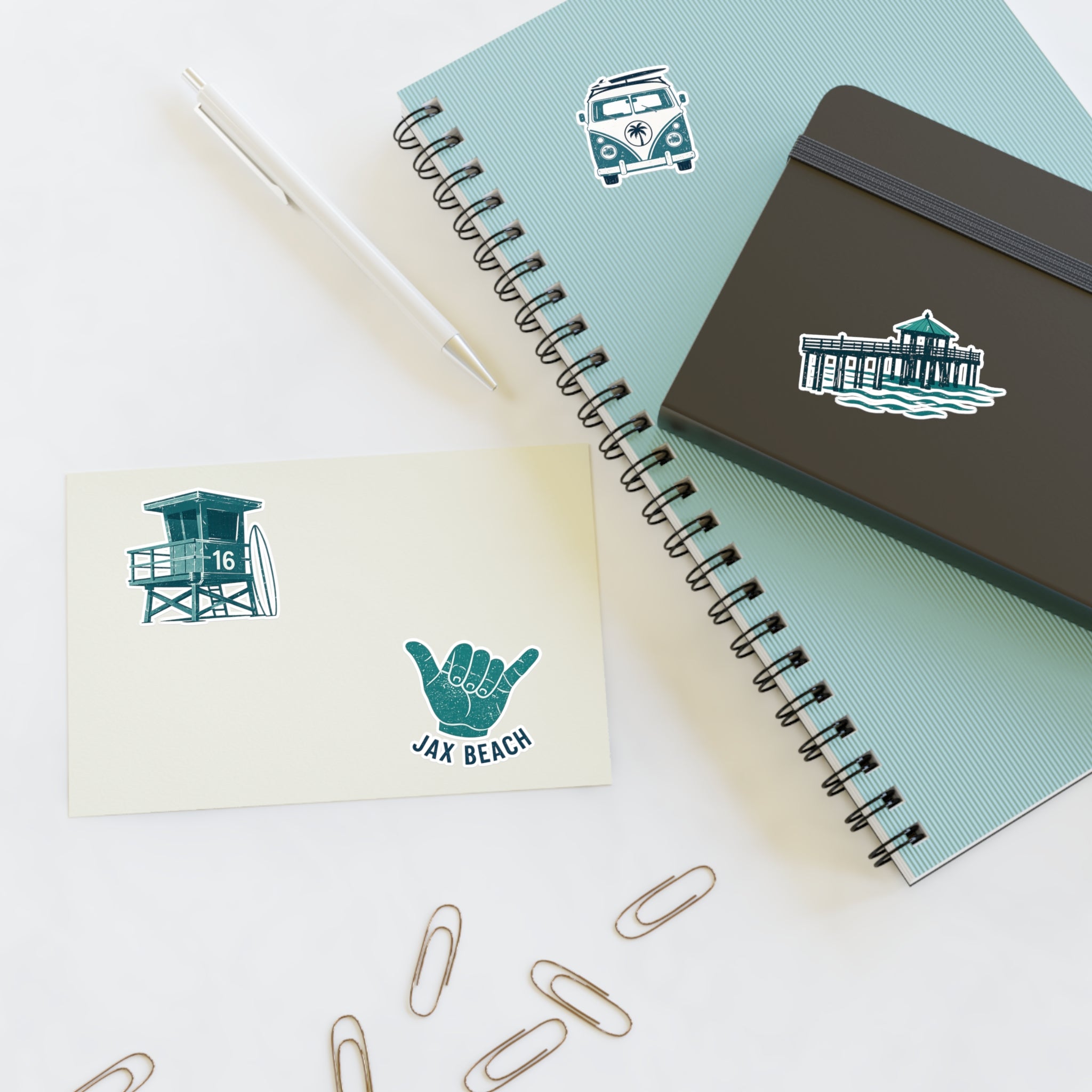 Jax Beach Surf Sticker Sheet — Retro Lifeguard Tower, Pier & VW Van Decals
