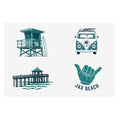 Jax Beach Surf Sticker Sheet — Retro Lifeguard Tower, Pier & VW Van Decals