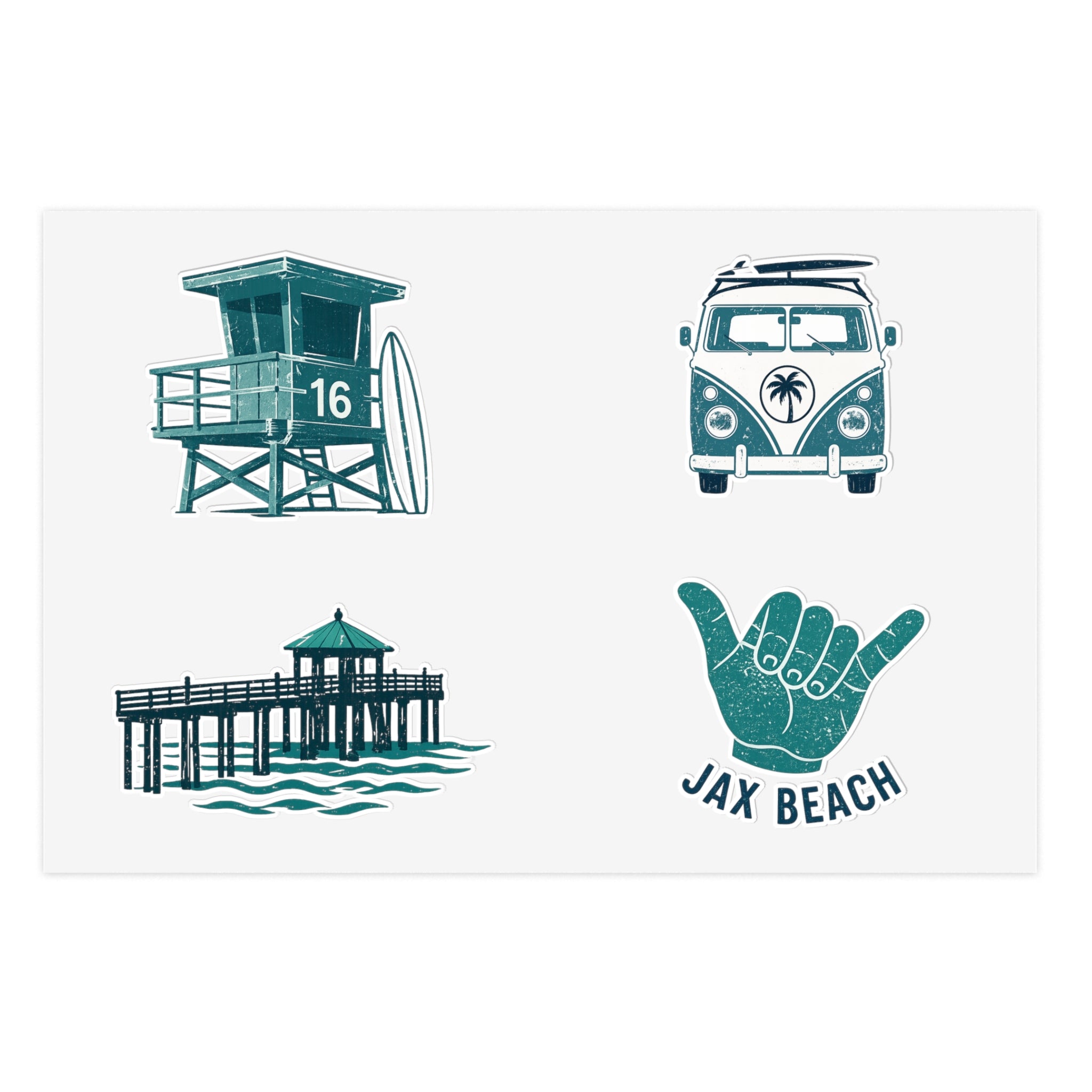 Jax Beach Surf Sticker Sheet — Retro Lifeguard Tower, Pier & VW Van Decals
